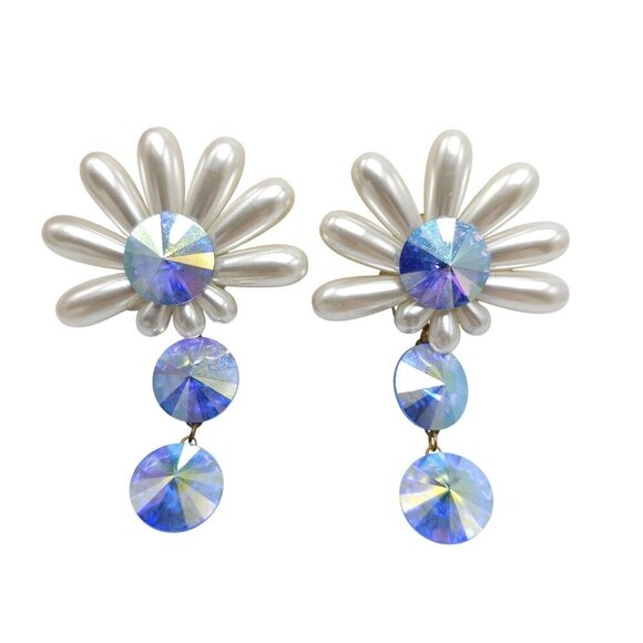 Vintage Faux Pearl Blue Iridescent Crystal Clip-On Dangle Earrings - Picture 1 of 5